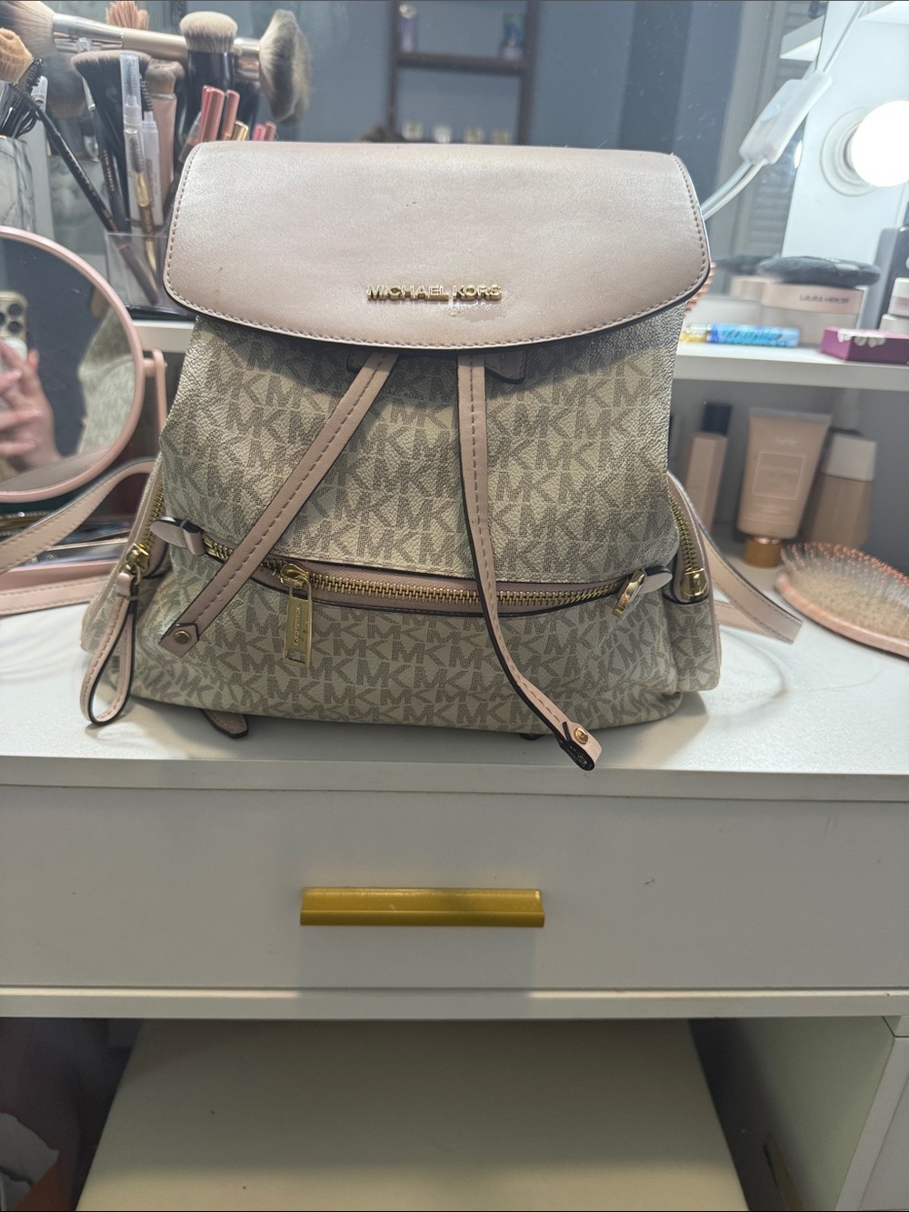 Michael Kors Beige and Light Pink MK Monogram Drawstring Backpack